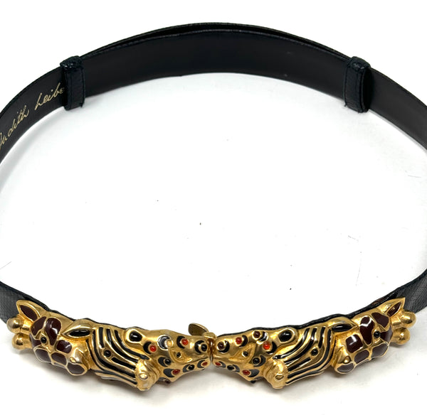 JUDITH LEIBER-Glass Jeweled Jungle Animal Black Leather Embossed Belt