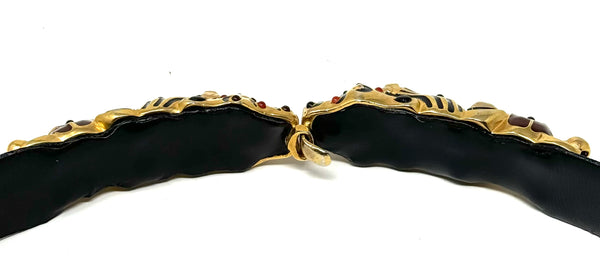 JUDITH LEIBER-Glass Jeweled Jungle Animal Black Leather Embossed Belt