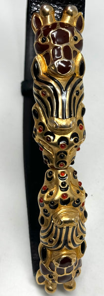 JUDITH LEIBER-Glass Jeweled Jungle Animal Black Leather Embossed Belt