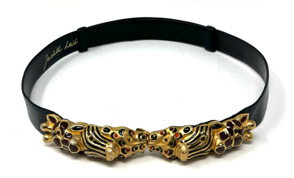 JUDITH LEIBER-Glass Jeweled Jungle Animal Black Leather Embossed Belt