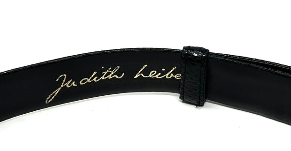 JUDITH LEIBER-Glass Jeweled Jungle Animal Black Leather Embossed Belt