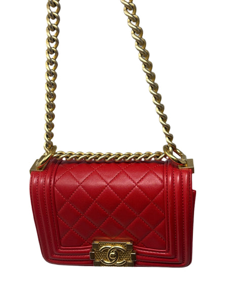 Chanel Red Leather Mini Quilted Boy Bag with Gold Hardware
