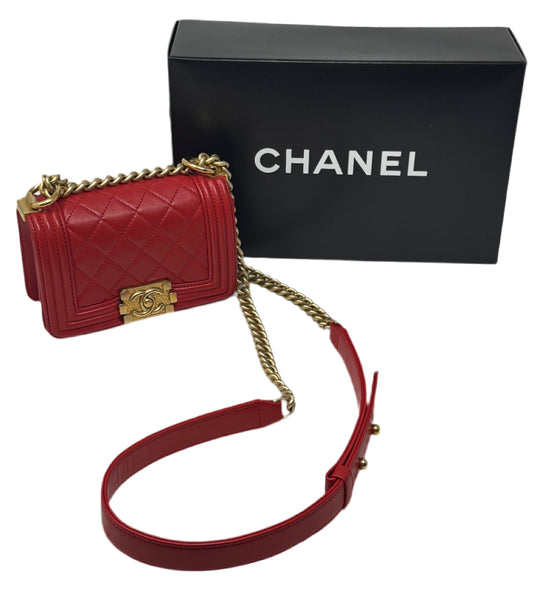 Chanel Red Leather Mini Quilted Boy Bag with Gold Hardware