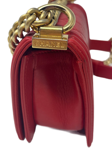 Chanel Red Leather Mini Quilted Boy Bag with Gold Hardware