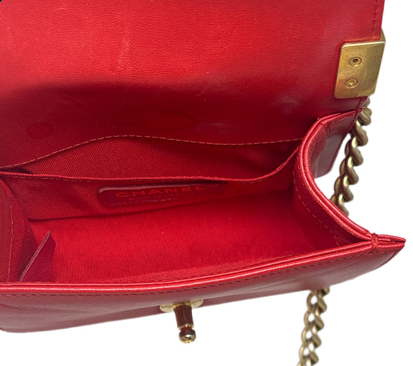 Chanel Red Leather Mini Quilted Boy Bag with Gold Hardware