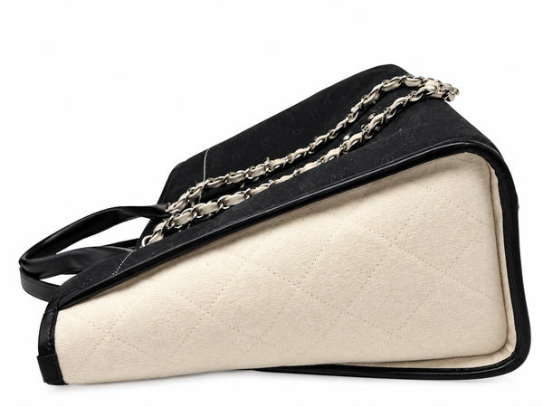 CHANEL-Preloved-Black & White Deauville Wool Tote w/Silver hardware