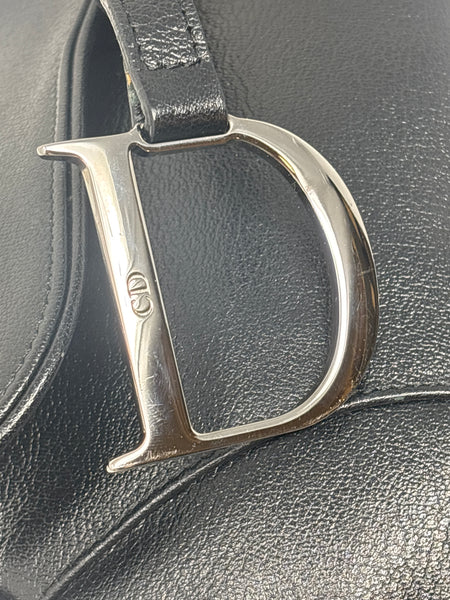 Christian Dior-Black Leather Saddle Handbag with Silver Haardware