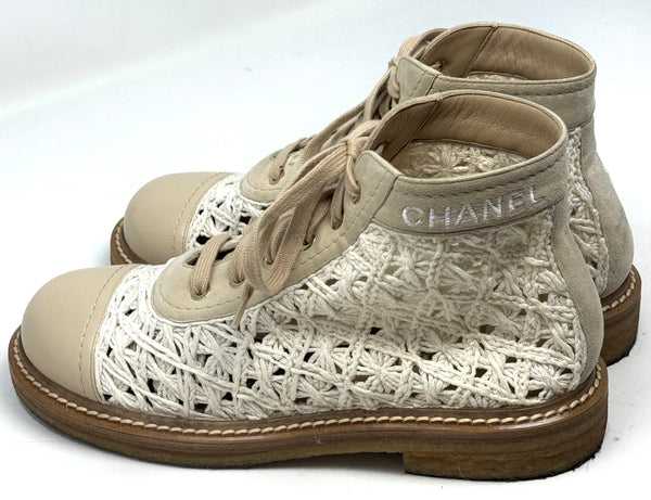 CHANEL-Cream Crochet Boots-Size 38.5