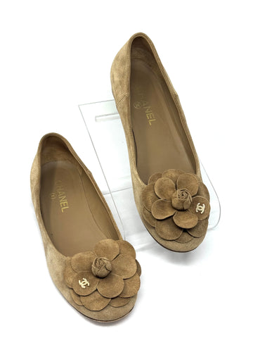 CHANEL-Tan Flower Ballet Flats-Size: 39.5