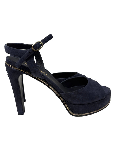 Chanel-Preloved-Navy Suede Sandal with heel Sz-40