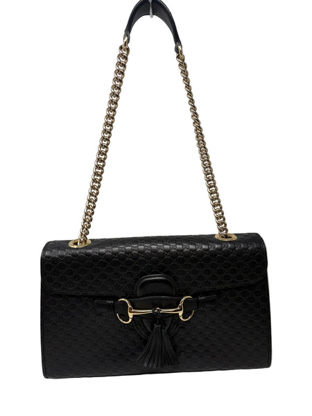 Gucci-Preloved-Black/Gold Guccissima Shoulder bag w/Gold Horse bit and gold chain strap