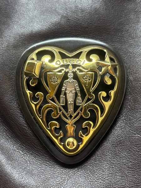 Gucci RARE Babouska Brown Leather Dome Handbag with Gold Hardware and Gold Metal Heart