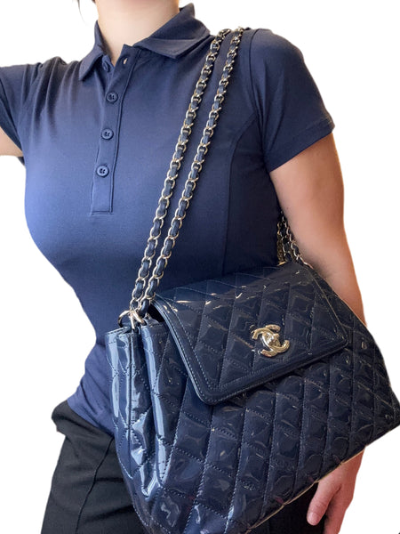 Chanel Navy Patent Bag Silver ardware