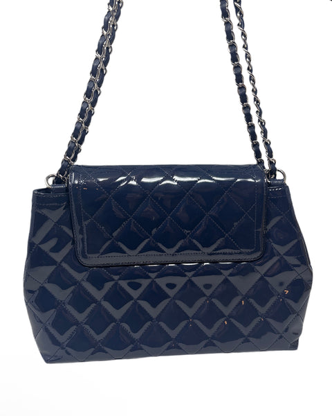Chanel Navy Patent Bag Silver ardware