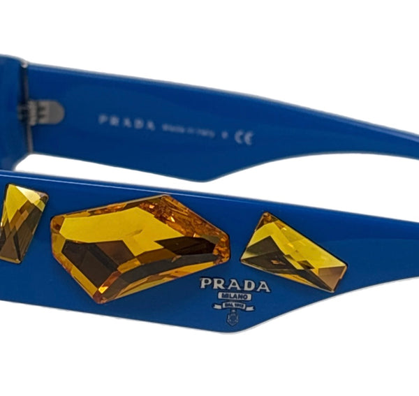 Prada-New With Case Blue & Yellow Crystal Embellished Cat Eye SPR 22Q Sunglasses