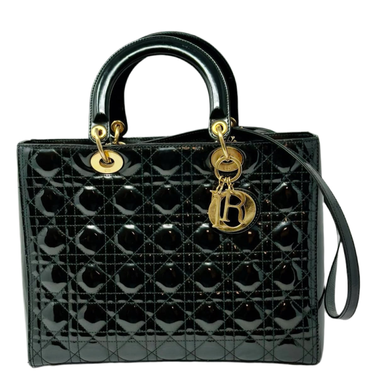 Lady Dior Black Patent Tote with strap & Gold hardware