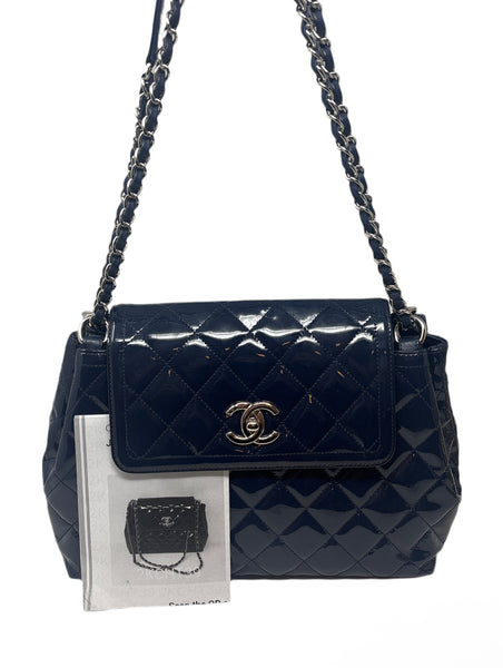 Chanel Navy Patent Bag Silver ardware