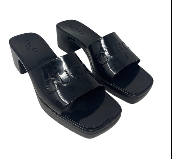 Gucci Black Rubber Sandal Slides  Sz-38