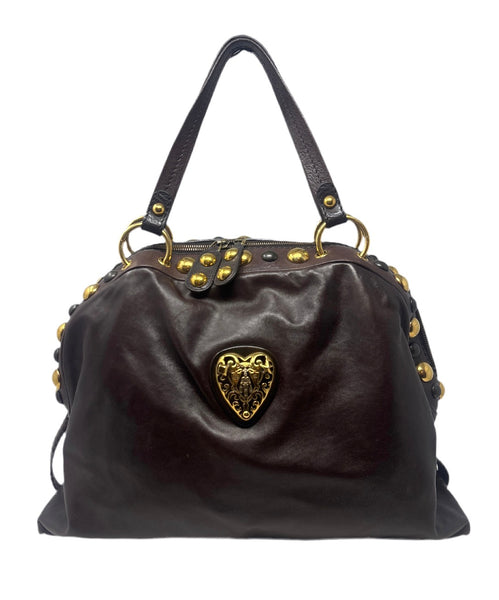 Gucci RARE Babouska Brown Leather Dome Handbag with Gold Hardware and Gold Metal Heart
