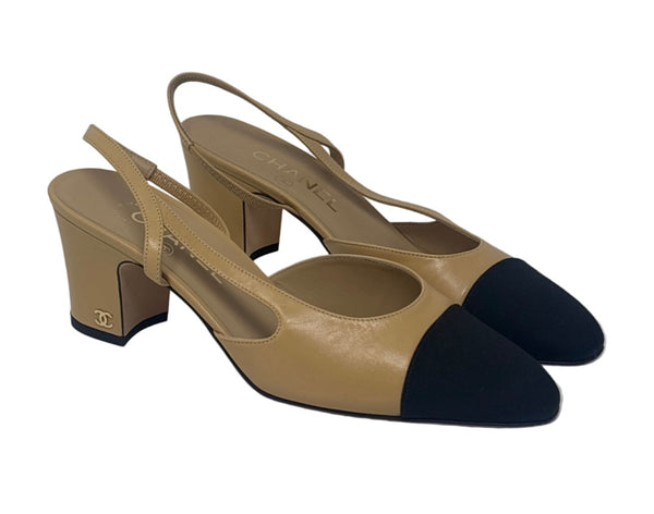 Chanel Slingback Beige & Black Heels Sz-38
