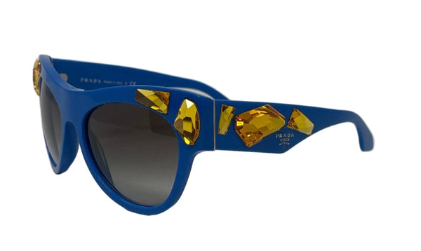 Prada-New With Case Blue & Yellow Crystal Embellished Cat Eye SPR 22Q Sunglasses