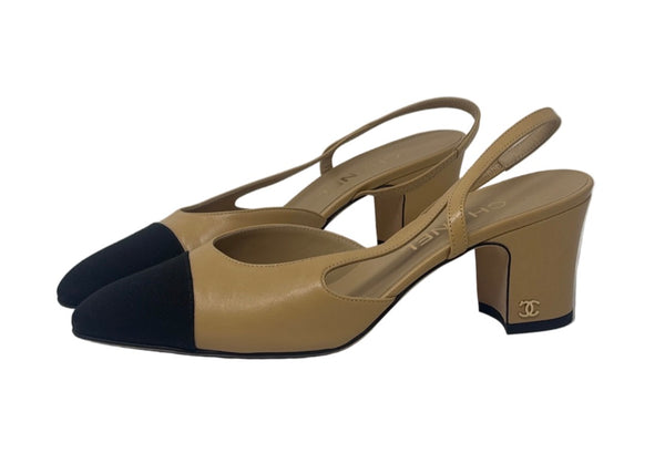Chanel Slingback Beige & Black Heels Sz-38