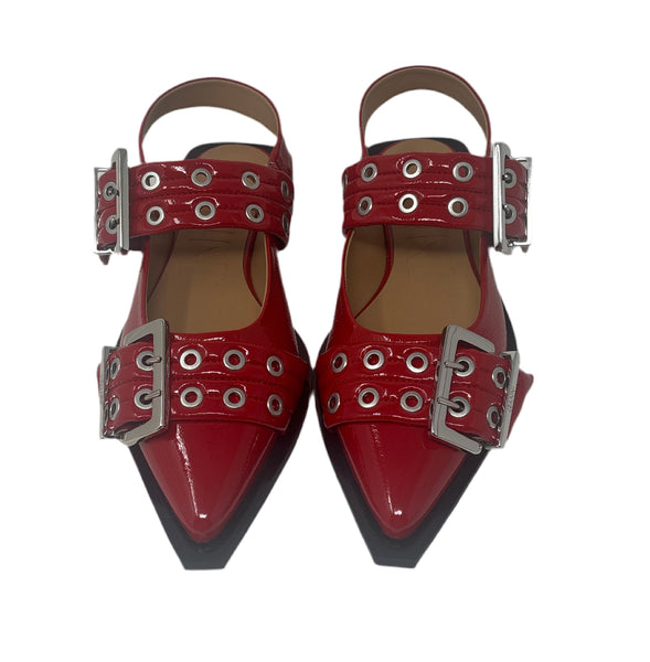 Ganni Red Buckle Ballet Flats Sz-38