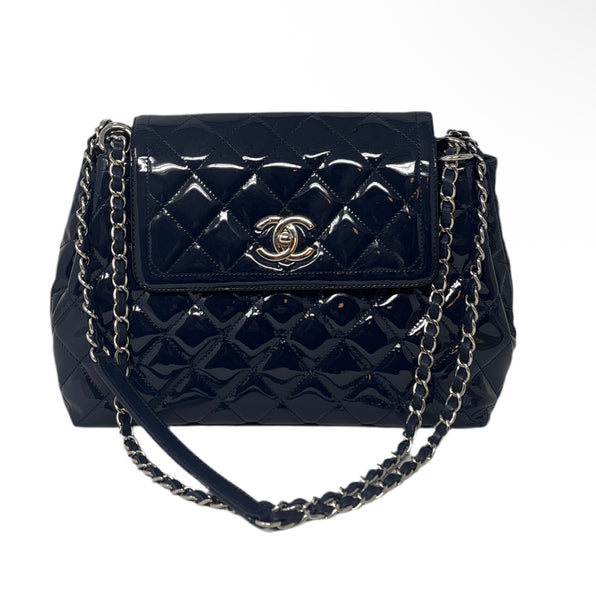 Chanel Navy Patent Bag Silver ardware