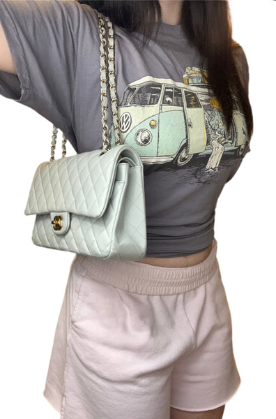 Chanel quilted double flap grey/turquoise handbag