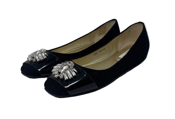 Jimmy Choo Black Flats With Silver Gem Sz-38.5