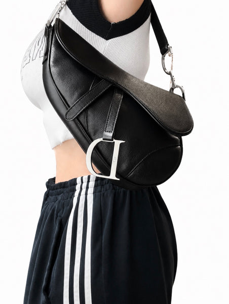 Christian Dior-Black Leather Saddle Handbag with Silver Haardware