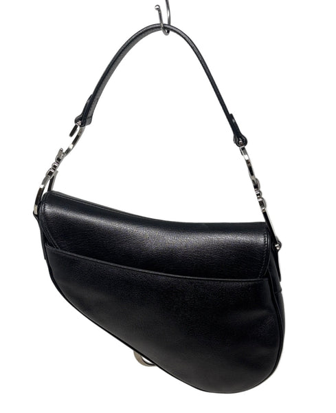 Christian Dior-Black Leather Saddle Handbag with Silver Haardware