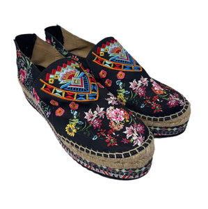 Johnny Was Espadrilles Black embroidered Floral Slip On Shoes Sz-42