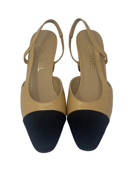 Chanel Slingback Beige & Black Heels Sz-38