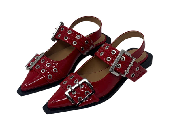 Ganni Red Buckle Ballet Flats Sz-38