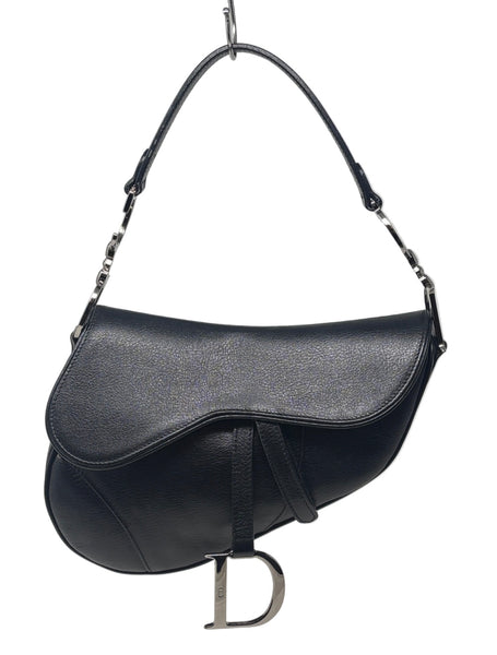 Christian Dior-Black Leather Saddle Handbag with Silver Haardware