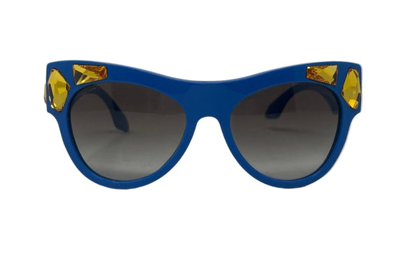 Prada-New With Case Blue & Yellow Crystal Embellished Cat Eye SPR 22Q Sunglasses