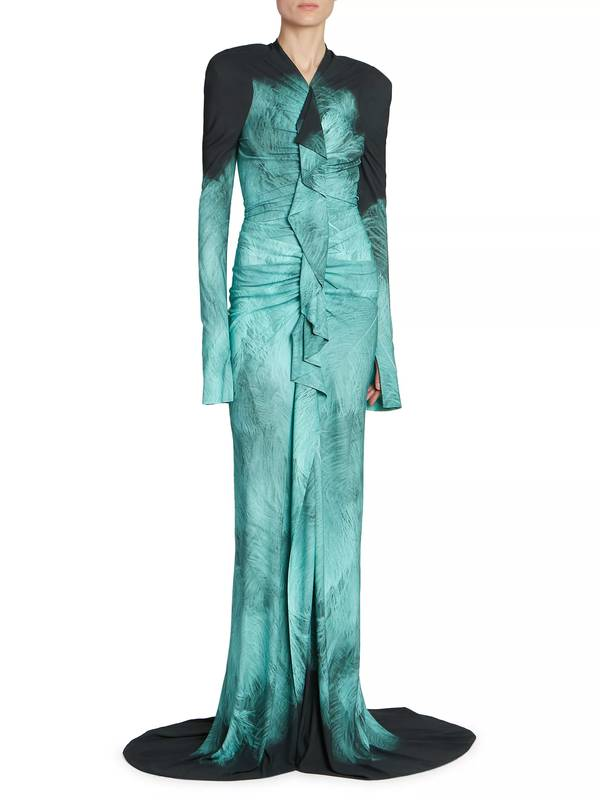 VICTORIA BECKHAM-Printed Fluid Jersey A/o Feather Dress Sz-Uk12