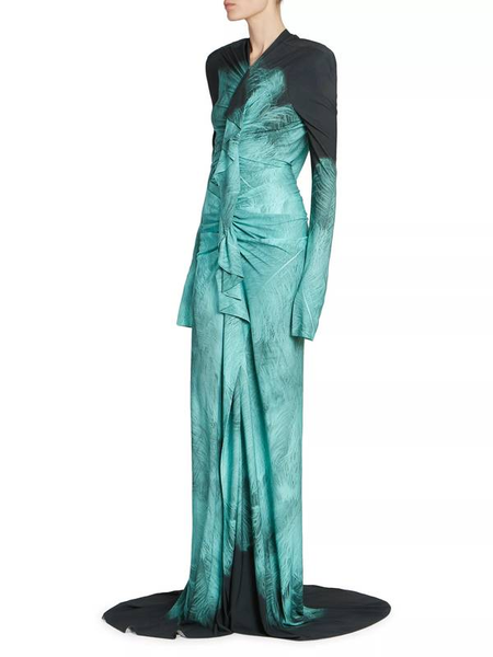 VICTORIA BECKHAM-Printed Fluid Jersey A/o Feather Dress Sz-Uk12