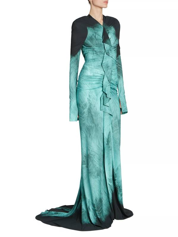 VICTORIA BECKHAM-Printed Fluid Jersey A/o Feather Dress Sz