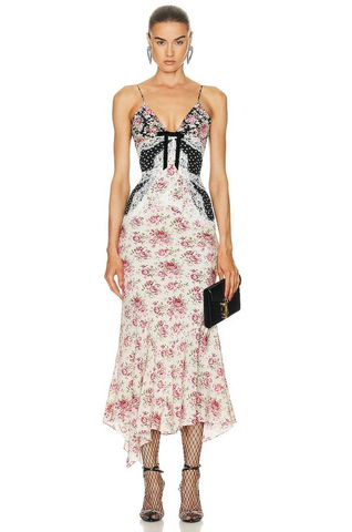 ALESSANDRA RICH-Rose Print Slip Dress With Lace Sz-46