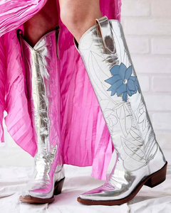 Silver + Blue Flower Boots Sz-8.5