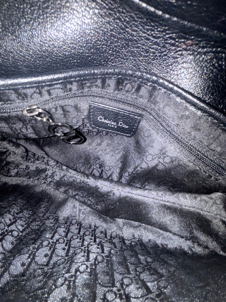 Christian Dior-Black Leather Saddle Handbag with Silver Haardware