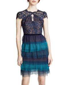 Marchesa Tiered ruffle short sleeve cocktail dress tie size-14