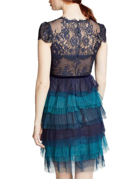 Marchesa Tiered ruffle short sleeve cocktail dress tie size-14