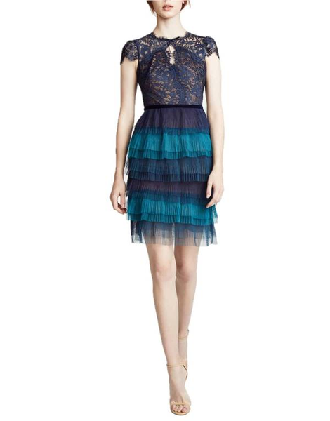 Marchesa Tiered ruffle short sleeve cocktail dress tie size-14