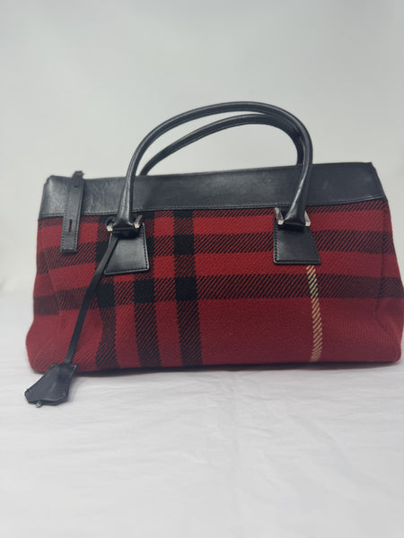 BURBERRY- Wool Red Plaid Handle Bag