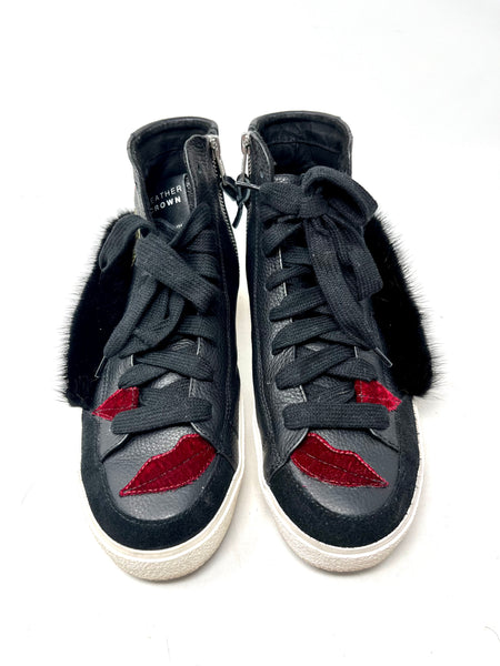 Leather crown high tops with velvet lips and mink trim~ Size 37